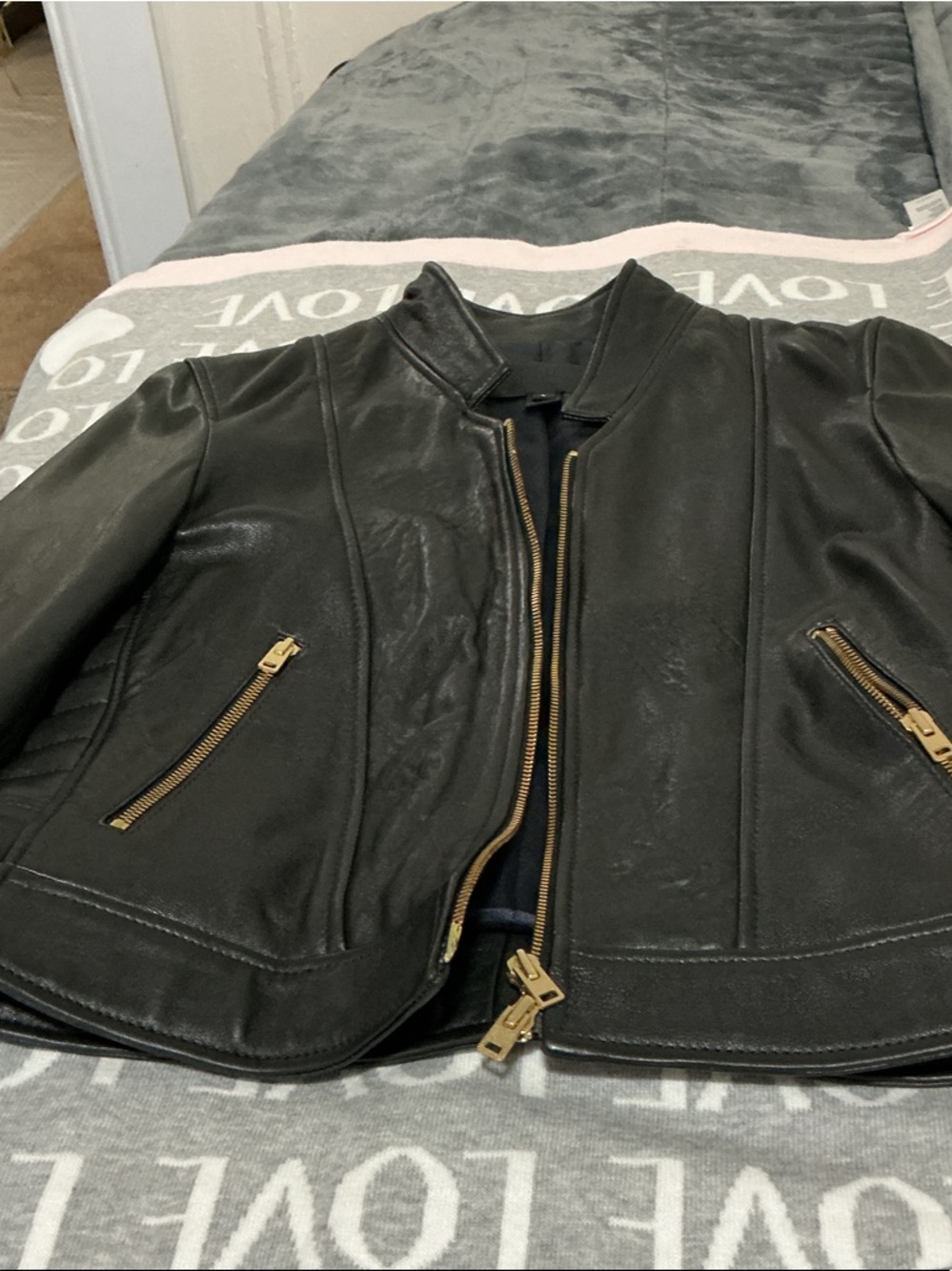 J. Crew Black Leather Jacket with Gold Zippers